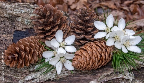 Obraz Pine cones and delicate white flowers rest on textured bark and forest floor.