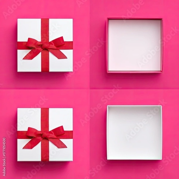 Fototapeta White gift boxes with red ribbon and open empty container.