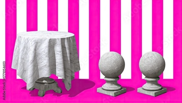 Obraz Round marble table draped with cloth near stone spheres against pink and white stripes.