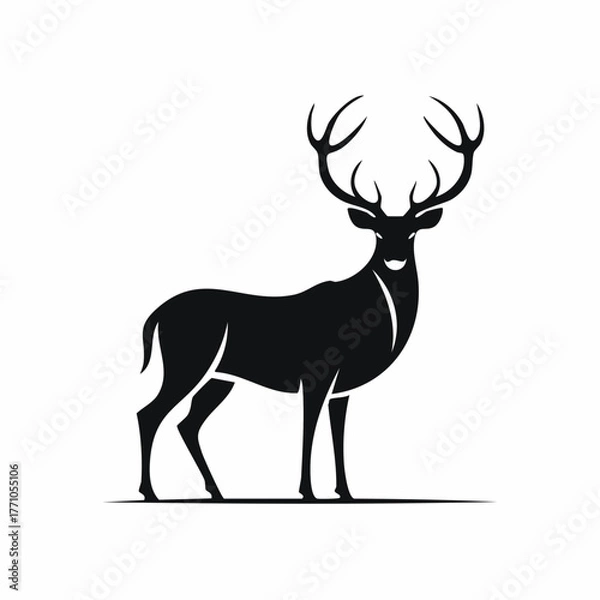 Obraz Stylized black vector silhouette of a deer with large antlers, simple clean shapes, white background, editable vector for elegant logo design