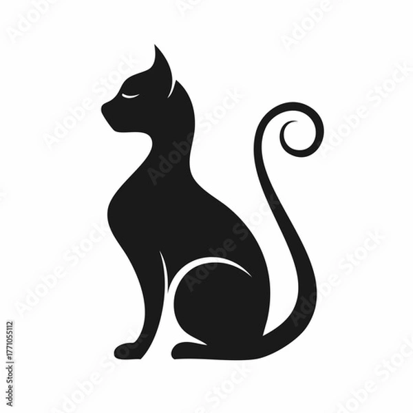 Obraz Stylized black vector silhouette of a cat in profile with elegant curved lines, smooth design, clean white background, editable for minimalist logo