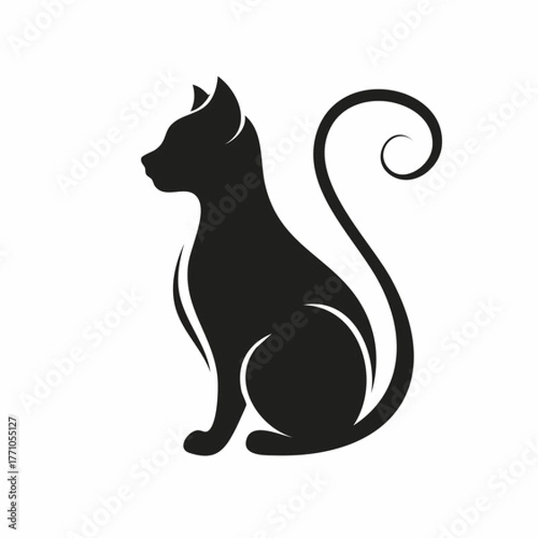 Obraz Stylized black vector silhouette of a cat in profile with elegant curved lines, smooth design, clean white background, editable for minimalist logo