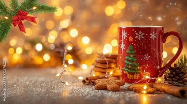 Obraz Cozy red mug filled with hot cocoa, surrounded by christmas tree cookies and fairy lights, perfect for holidaythemed designs.