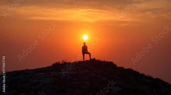Obraz Silhouetted person on hill, radiant orange sunset. Suitable for inspirational, motivational, or travelthemed designs, social media posts, or backgrounds.