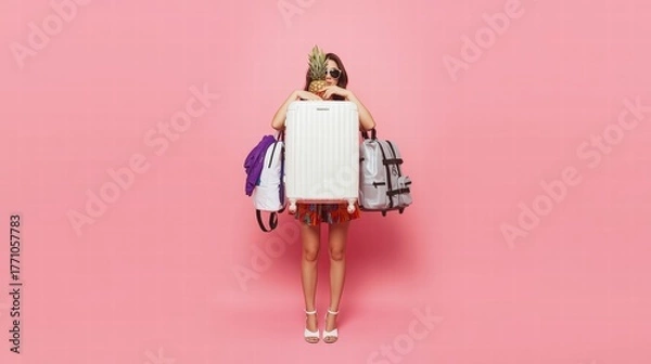 Obraz Woman with luggage and backpacks on pink background, symbolizing travel. Perfect for travel blogs, vacation websites, or tourist agencies.
