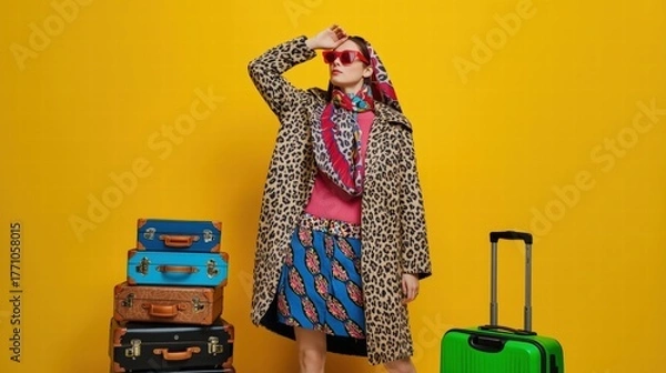 Obraz Perfect for travel blogs, vacation websites, or airline promotions. The woman with suitcases stands out against the vibrant yellow background.