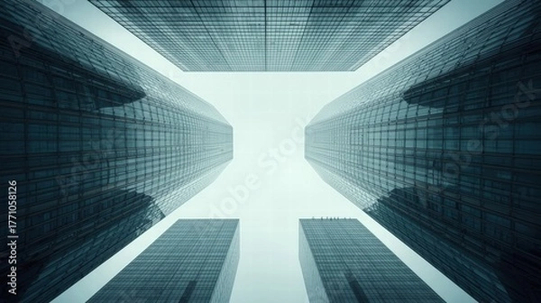 Obraz Worms eye view of shanghai skyscrapers. Ideal for urban backgrounds, architectural concepts, cityscape designs, and modern business presentations.