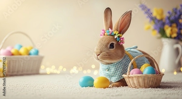 Obraz Cute spring bunny with basket of decorative eggs for the Easter holiday celebration