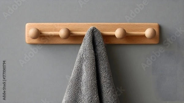 Fototapeta Wooden wall mounted coat rack features round knobs holding a soft gray fabric