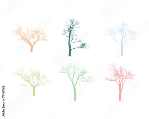 Fototapeta Colorful Bare Trees Silhouettes on White Background Displaying Autumn and Winter Vibes Perfect for Design Projects and Seasonal Illustrations