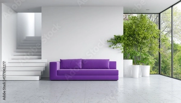 Obraz Modern living room with purple sofa and large windows showing trees.