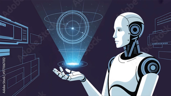 Fototapeta Android projects blue holographic data interface in dark room