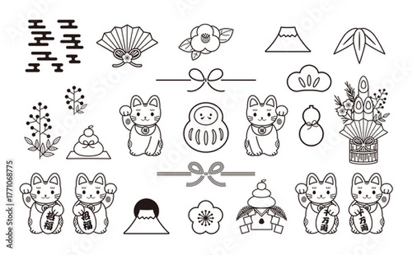 Obraz お正月のイラストセット（線）