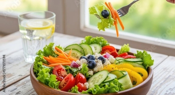 Fototapeta Vibrant and Healthy Fresh Salad Bowl with Mixed Greens, Vegetables, Blueberries, and Feta, Served with Lemon Water on a Rustic Wooden Table by a Bright Window
