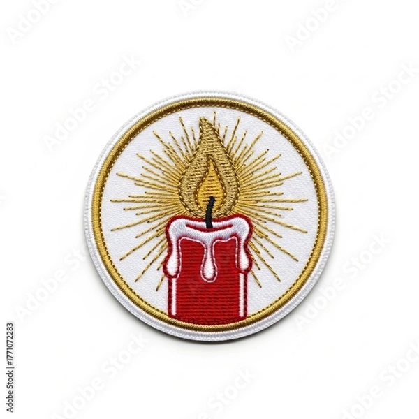 Fototapeta Embroidered Red Candle Patch with Golden Sunburst - Festive Symbol of Hope and Light, Ideal for Crafts and Apparel