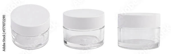 Fototapeta Set of Clear glass cosmetic jar with lid isolated on white background, for skincare or cream product packaging design.