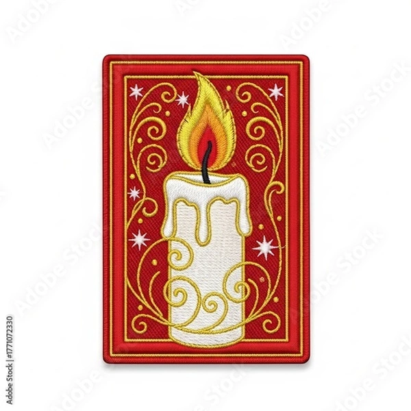 Fototapeta Ornate embroidered candle with golden swirls and stars on a red background, symbolizing warmth and magic