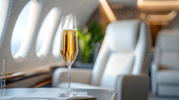 Fototapeta Crystal champagne flute filled with golden bubbly on private jet table, exuding luxury