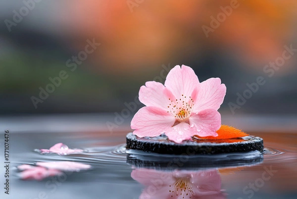 Obraz Delicate cherry blossom petal rests on smooth stone in calm water, creating serene and peaceful scene