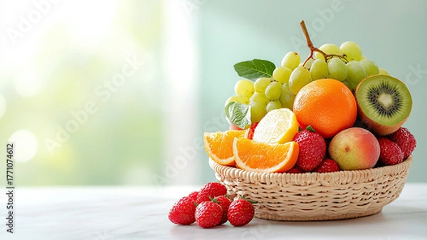 Fototapeta Woven basket filled with fresh fruits including grapes, oranges, strawberries, and kiwi on light background