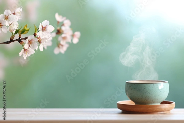 Obraz Steaming cup of tea on wooden tray beside cherry blossoms, evoking tranquility