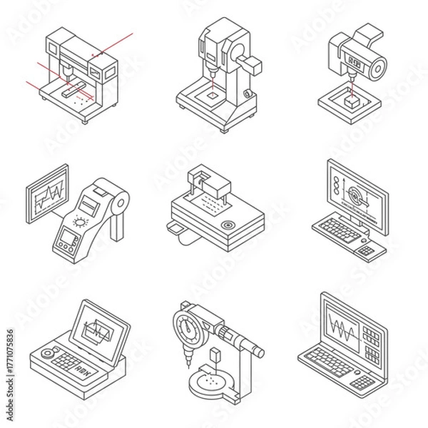 Obraz Isometric line art icons illustrate industrial manufacturing, engineering, quality control, automation, 3D printing, and laser technology processes.