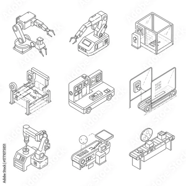 Obraz Isometric line art depicts advanced industrial automation, showcasing robotic arms, 3D printing, and smart factory systems, symbolizing modern manufacturing.