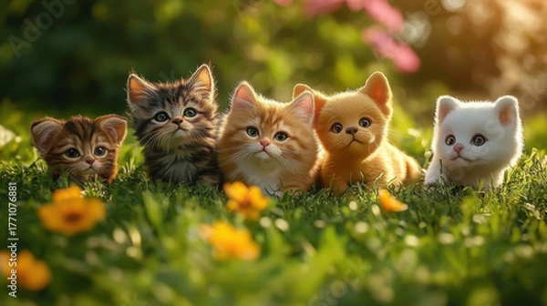 Obraz various fluffy dog and cat friends are sitting on the green grass in a sunny spring meadow