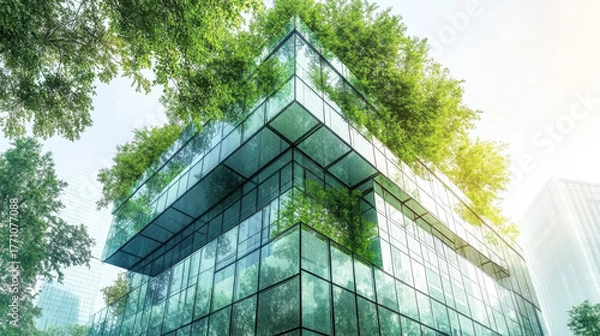 Obraz Sustainable glass office building with trees for reducing carbon dioxide