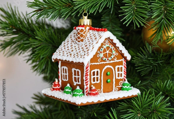 Fototapeta Gingerbread house with icing details, Christmas ornament, macro view