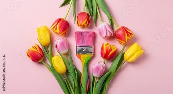 Obraz A fresh, beautiful bouquet of colorful spring tulips in pink, red, and purple blossom