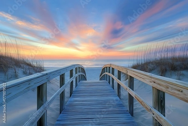 Obraz Wooden Boardwalk Leading to Beach at Sunrise with Pink Sky and Sand Dunes