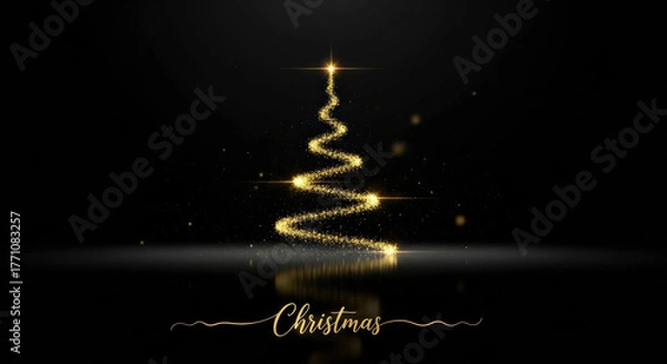 Fototapeta Golden sparkling abstract Christmas tree black background festive elegant glowing magical holiday celebration modern minimal design joyful winter season greeting card illumination light swirl