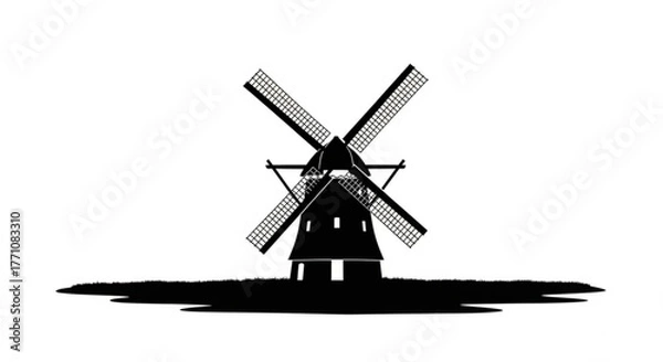 Fototapeta Silhouette of a traditional windmill with four blades standing on a grassy landscape scene art