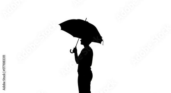 Obraz Silhouette of a person holding an umbrella against a plain white background in a side profile view