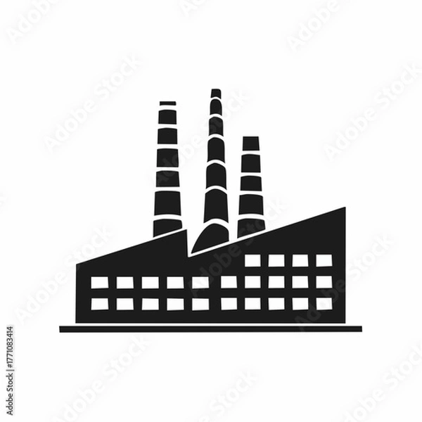 Obraz Stylized black vector silhouette of a modern factory with angular rooflines and smooth curves, clean white background, editable for minimalist branding or logo