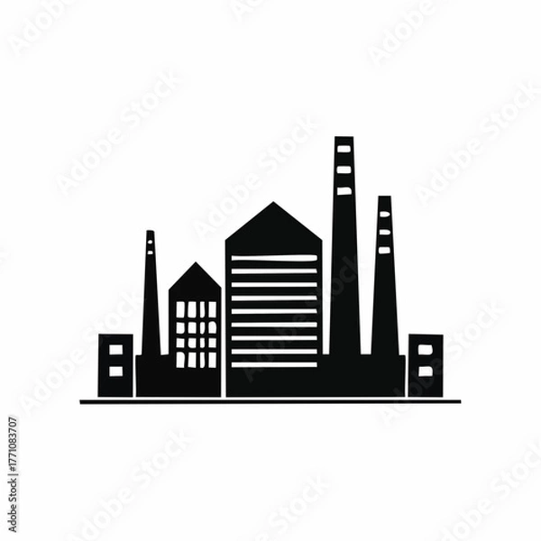 Obraz Stylized black vector silhouette of an industrial complex with multiple factory buildings, smooth simple lines, white background, editable for modern logo design
