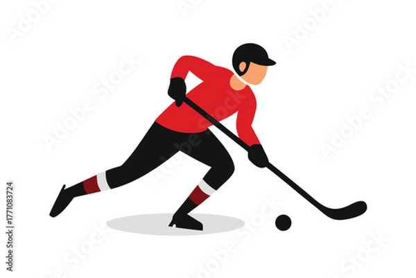 Fototapeta Ice hockey player in red uniform skating with puck sport