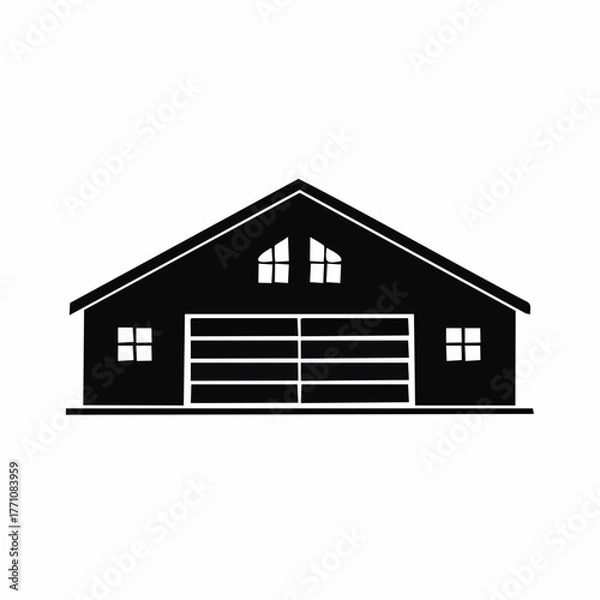Obraz Stylized black vector silhouette of a warehouse factory building with simple roof lines and vents, clean curves, white background, editable for logo