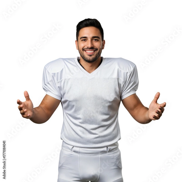Fototapeta Smiling young male American football player in white uniform with open arms, ready to welcome or present, isolated on a transparent background.