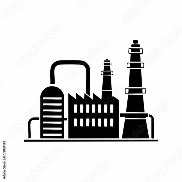 Obraz Stylized black vector silhouette of an energy plant with pipes and towers, minimal smooth shapes, white background, editable for modern industrial