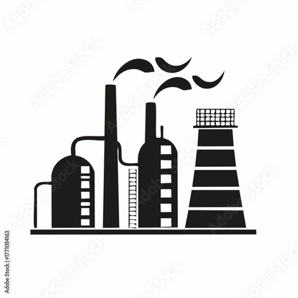 Fototapeta Stylized black vector silhouette of a manufacturing factory with smoke stacks and curved roof shapes, clean design, white background, editable for lo