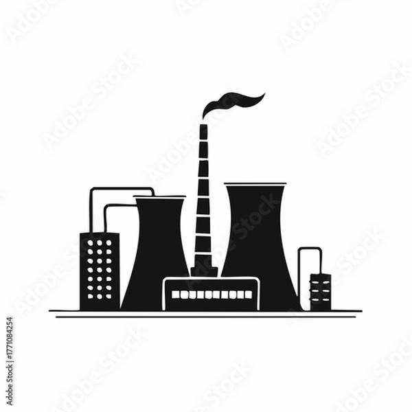 Obraz Stylized black vector silhouette of a manufacturing factory with smoke stacks and curved roof shapes, clean design, white background, editable for lo