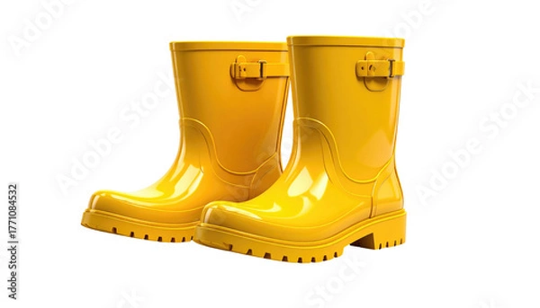 Fototapeta Two bright yellow rain boots stand beside each other on a black background
