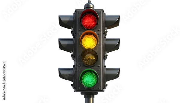 Fototapeta Illuminated traffic signal showing red, yellow, and green lights on black background