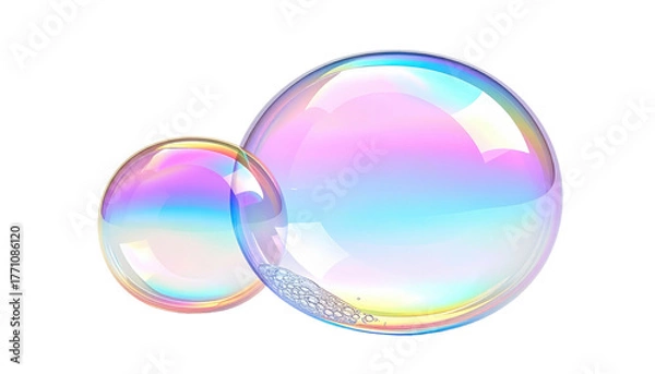 Fototapeta Two iridescent, translucent soap bubbles float against a stark black background, showing colorful light reflections