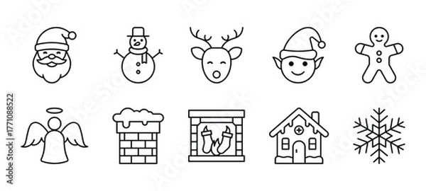 Obraz christmas holiday line icon set with santa snowman fireplace house and snowflake