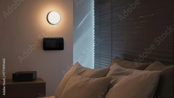 Fototapeta Bedroom interior with dim lighting, smart thermostat, bedside table and window blinds