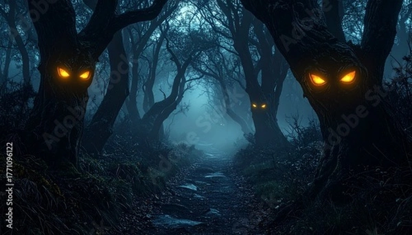 Fototapeta Spooky Foggy Forest with Glowing Eyes Hidden Among Dark Trees
A surreal and cinematic night forest filled with mist and glowing eyes, representing suspense, mystery, and imagination.