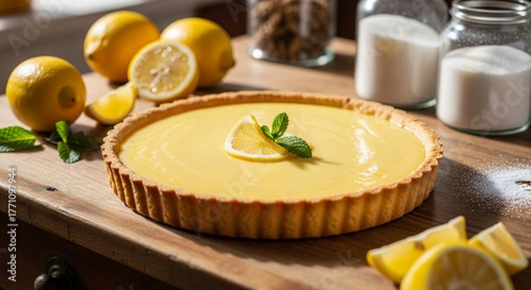 Fototapeta A classic lemon tart just out of the oven, glossy custard and golden crust, placed on an antique wooden counter